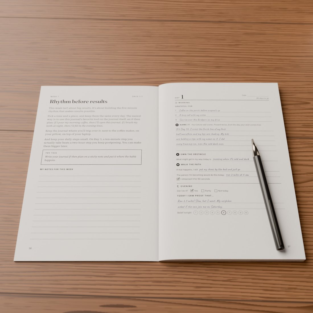 The journal open to Day 1, filled in by hand, with a pen on the page