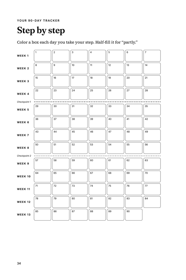 The 90-day tracker, with a box for each day